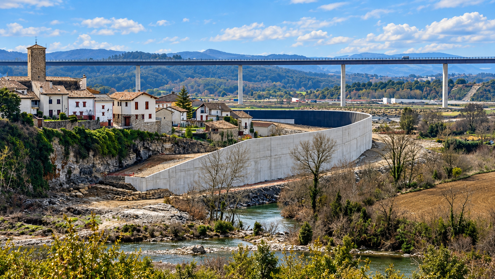 Muro de Sigüés construido junto al casco urbano por el recrecimiento de Yesa